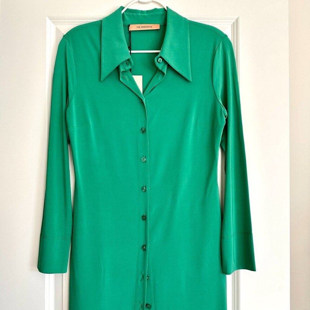 NWT THE ANDAMANE Ginevra Long Sleeve Mini Shirt Dress in Green Size 42 US 6